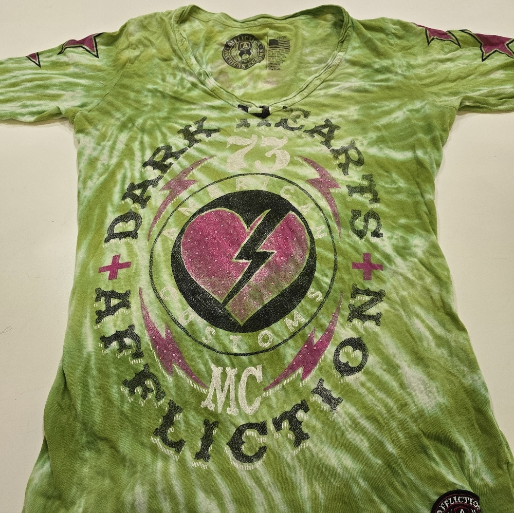 Affliction  Green and Pink Graphic Tee